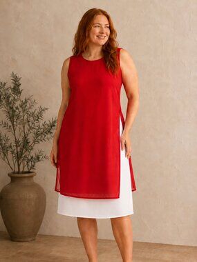 Penningtons Red Sheer Overlay Tunic Top Plus Size Sleeveless Side Slit Layering